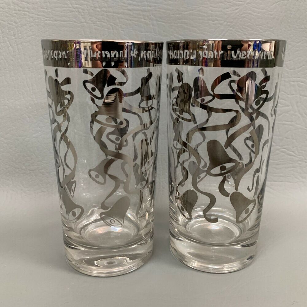 Happy Anniversary Highball Glasses Bells Clear Silver Glass 5.5" High Lot‎ of 2
